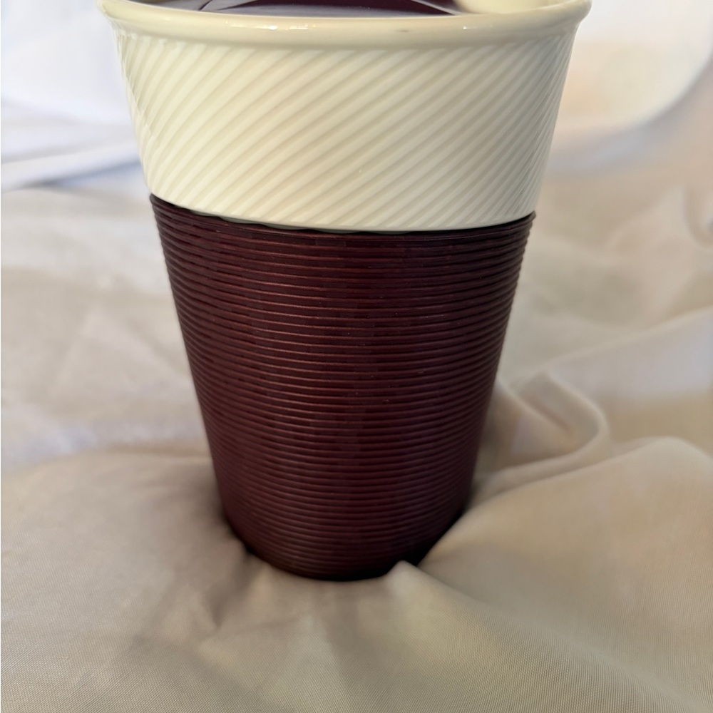 Vintage Starbucks Maroon & White Ceramic Travel Mug ~ 2014